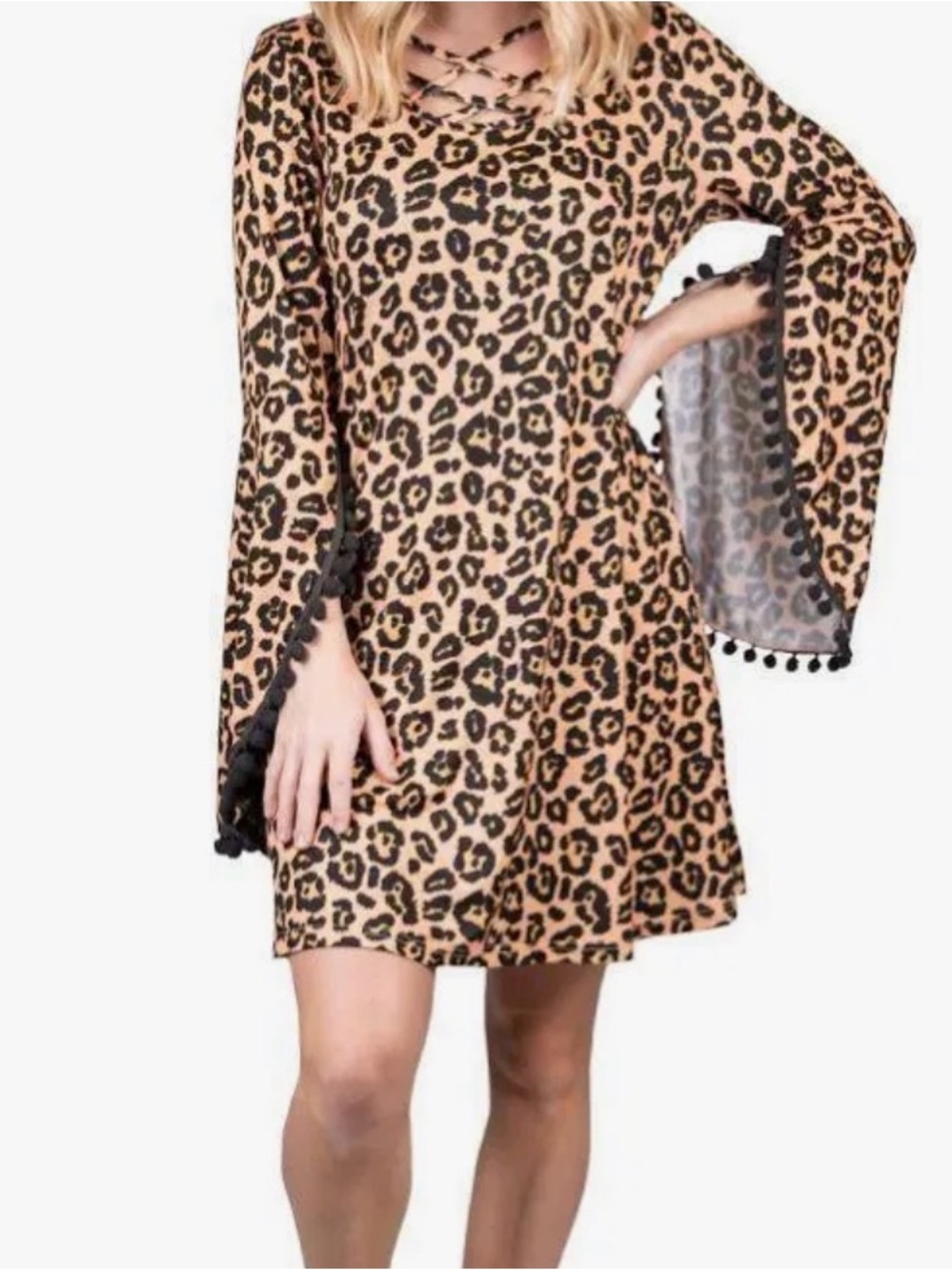 Simply Southern Leopard-Print Mini Dress in Beige and Black with Pom Trim